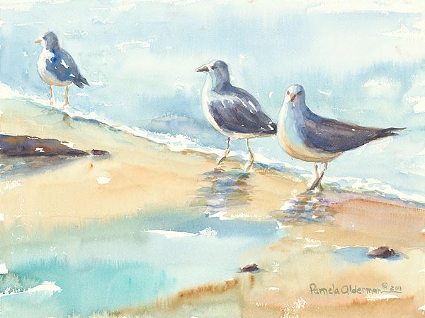 Gulls on the Shore - watercolor painting