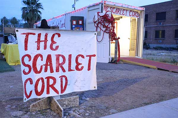 The Scarlet Cord installation at dusk in Phoenix before Super Bowl