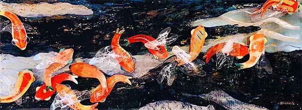 Close-up detail of coy fish painting on Color Me Orange—Color Me Kind installation