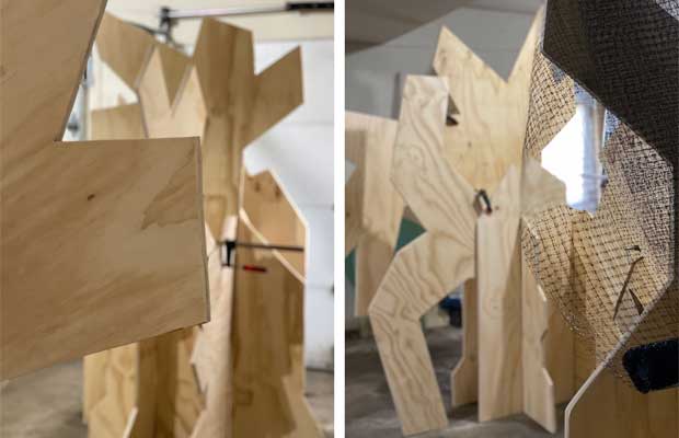 Wood sculptures for Yellow Ribbon installation in progress
