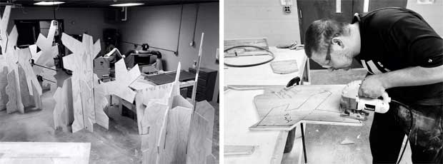 Wood sculptures for Yellow Ribbon being created in Zero-Day woodshop