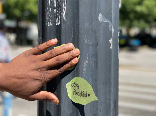 Healing Leaves message on lamp post in downtown Grand Rapids. Michigan